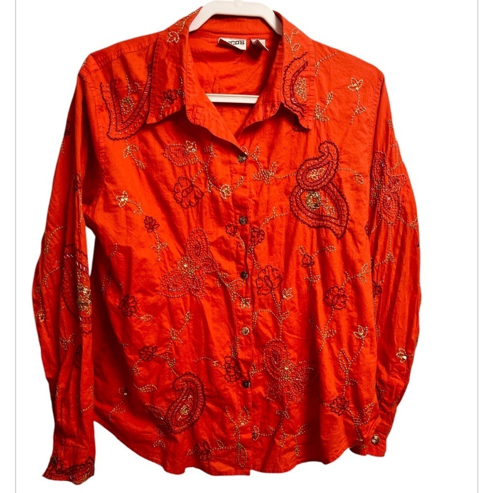 Chico’s Beaded Floral Embroidered Bling Button-Down Blouse Orange/Red size 2